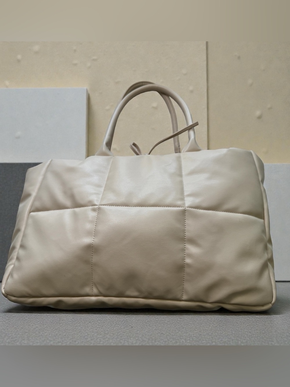 Padded Quilted Tote Bag in Light Beige